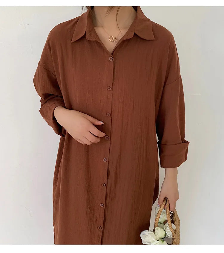 Women Loose Cotton Linen Shirt Dress Single Breasted Long Sleeve Top Spring Summer Lady Casual Dress