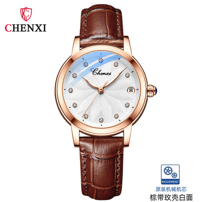 CHENXI 8833 Women's Luxury Automatic Mechanical Watch - Genuine Leather, Diamond Dial, Waterproof, Luminous Calendar
