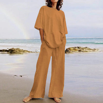 Spring & Summer Women's Cotton Linen 2-Piece Set – Casual High-Quality Half Sleeve O-Neck Top with Wide-Leg Pants