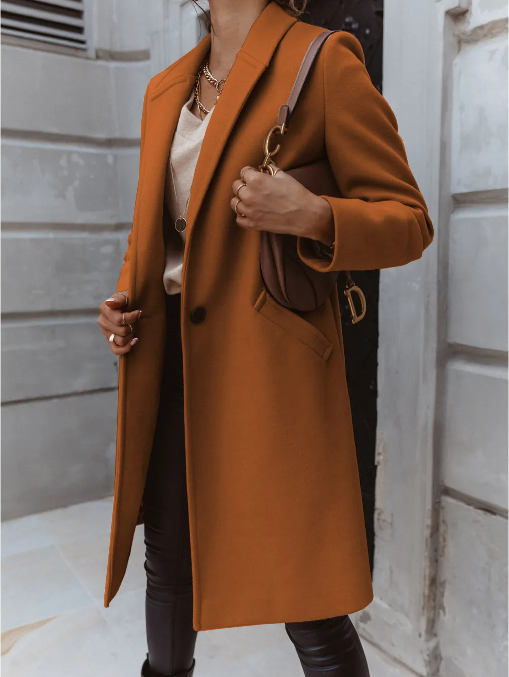 Women's Solid Color Woolen Coat - Lapel Button Mid-Length Autumn & Winter, Office Wear Cathy