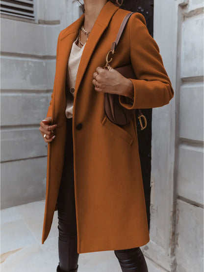 Women's Solid Color Woolen Coat - Lapel Button Mid-Length Autumn & Winter, Office Wear Cathy