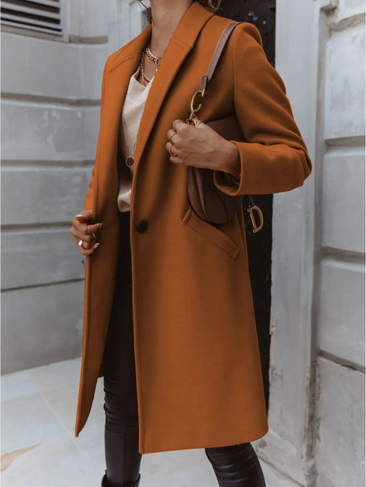 Women's Solid Color Woolen Coat - Lapel Button Mid-Length Autumn & Winter, Office Wear Cathy