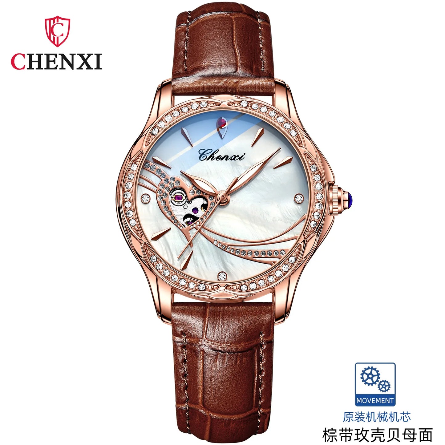 CHENXI 8837 Women's Luxury Diamond Skeleton Watch - Automatic Mechanical Stainless Steel Waterproof Timepiece
