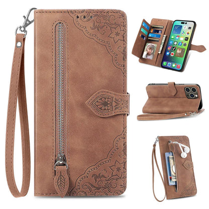 Luxury PU Leather Wallet Phone Case | Zipper Card Holder with Butterfly Flower Design & Strap for iPhone 16, 15, 14 Pro and Samsung