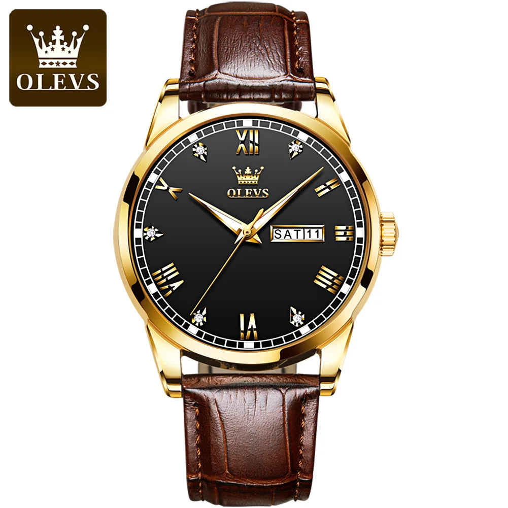 OLEVS 6896 Genuine Leather Quartz Watch – Waterproof Unisex Design with Stylish Dial for Men and Women