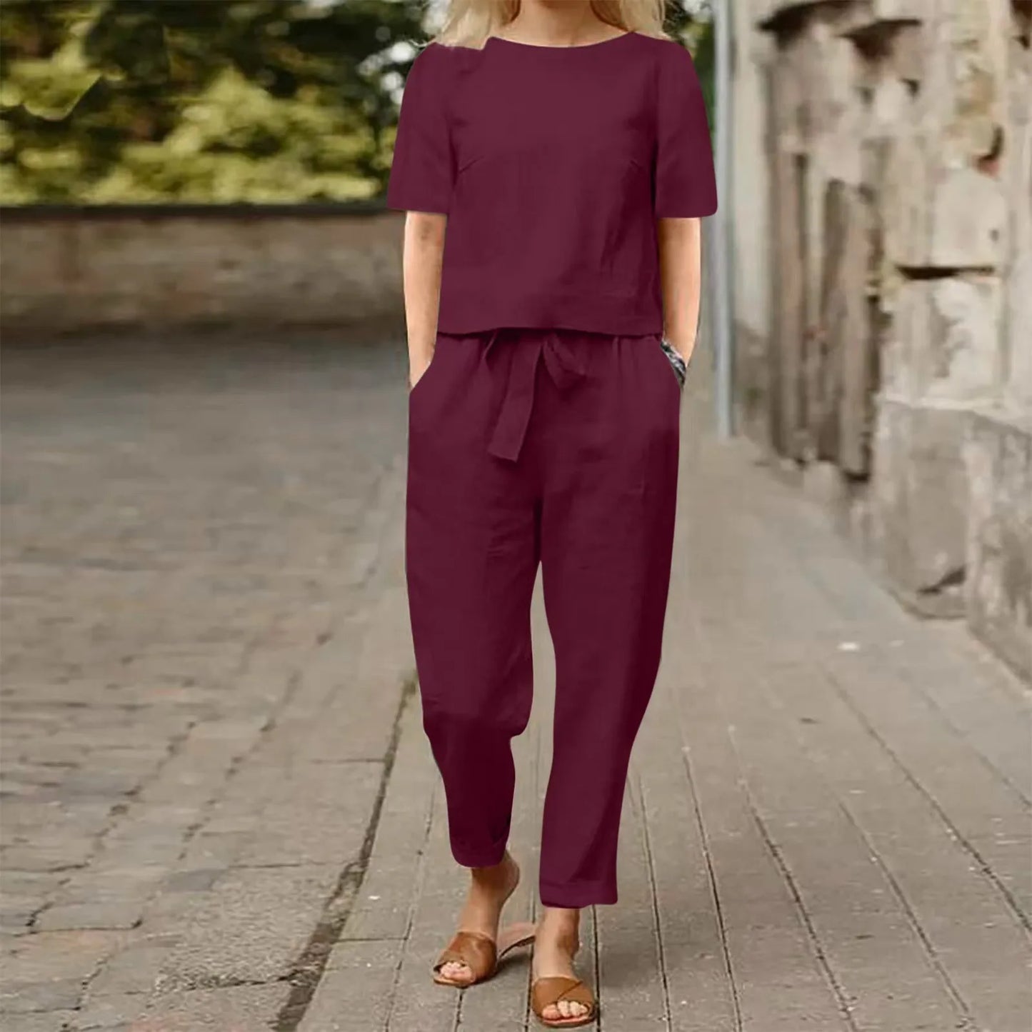 Women’s Cotton Linen Two Piece Set – Summer Short Sleeve O-Neck Oversized Blouse & High Waist Wide Leg Pants Carmen