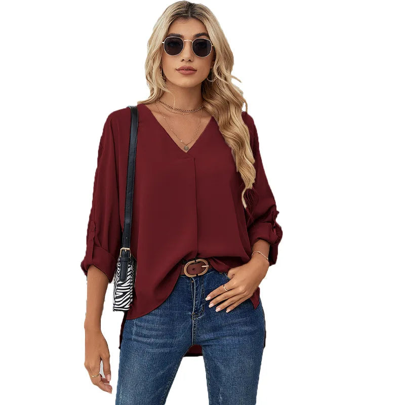 Women's Chiffon Blouse – Solid Color V-Neck Long Sleeve Casual Fashion Top
