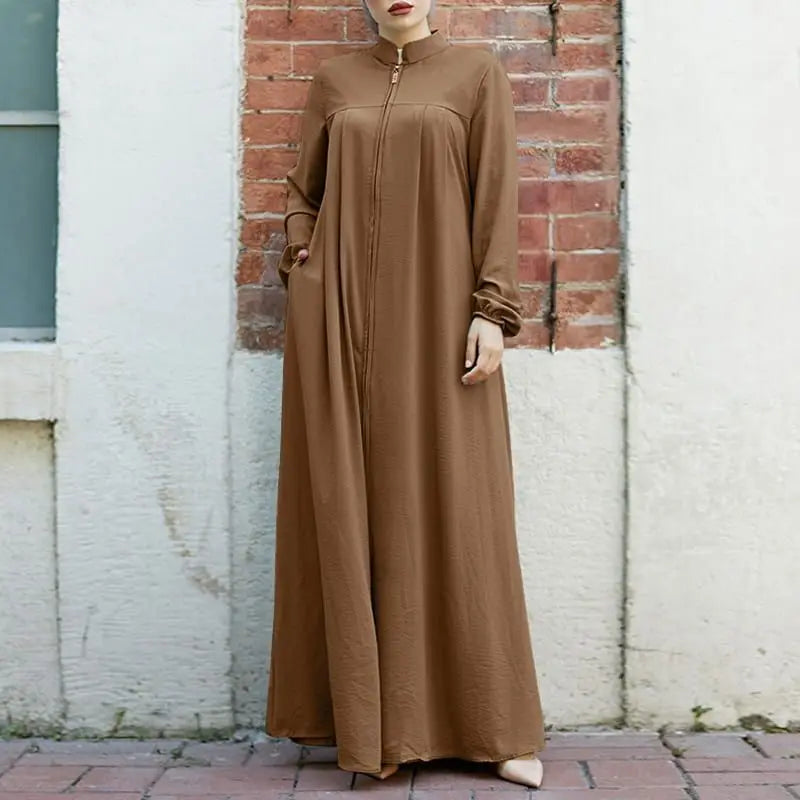 Women's Muslim Arab Style Long Dress – Elegant Abaya with Stand Collar, Zipper, Pockets, and Casual Coat Design Ameerah