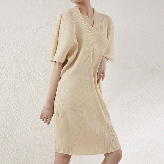 Summer Pleated V-Neck Dress | Miyake Style Mid-Length Loose Fit Plus Size Casual Women's Clothing Stella