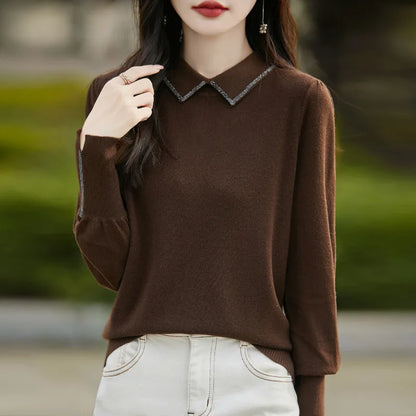 Women’s Autumn Lantern Sleeve Knitted Sweater – Casual Versatile Pullover with Fashion Collar