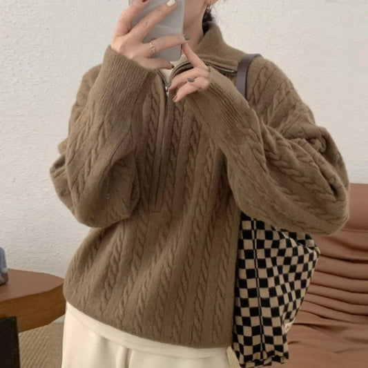 Women's Soft Knit Half-Zip Sweater - Vintage Twist Short Top for Autumn and Winter Dorothea