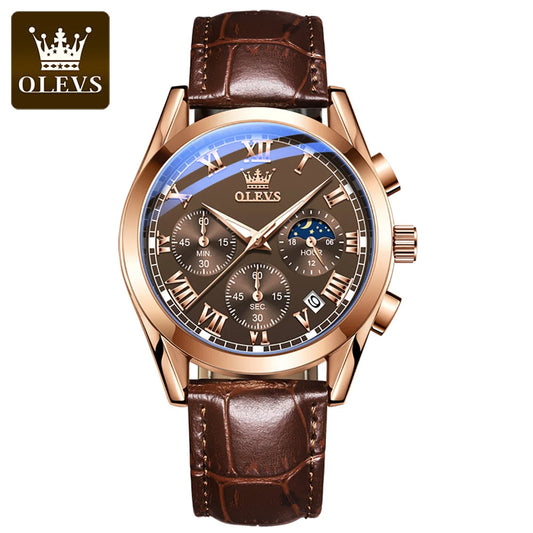 OLEVS 2871 Luxury Quartz Analog Watch – Fashion Glass Moon Design with Leather Strap for Men