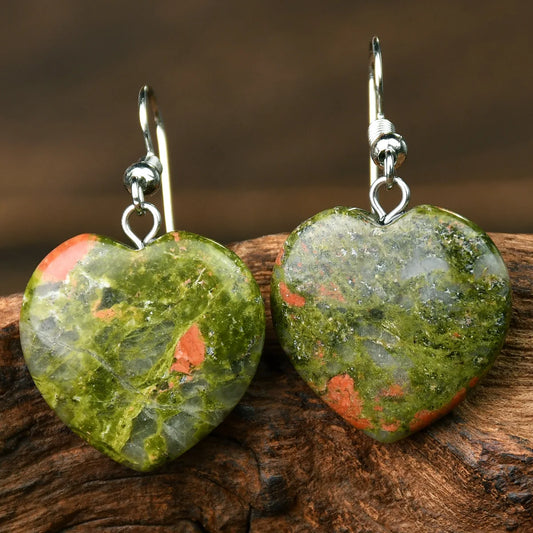 Natural Stone Dangle Earrings – Turquoise, Amethyst, Tiger Eye Heart Design, Handmade Jewelry for Women