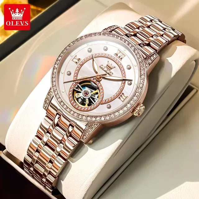 OLEVS 7036 Women’s Skeleton Mechanical Watch – Diamond Bezel Elegant Automatic Ladies Wristwatch
