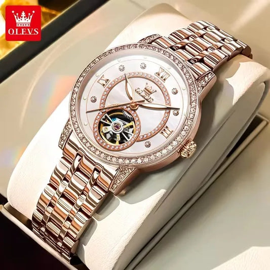 OLEVS 7036 Women’s Skeleton Mechanical Watch – Diamond Bezel Elegant Automatic Ladies Wristwatch
