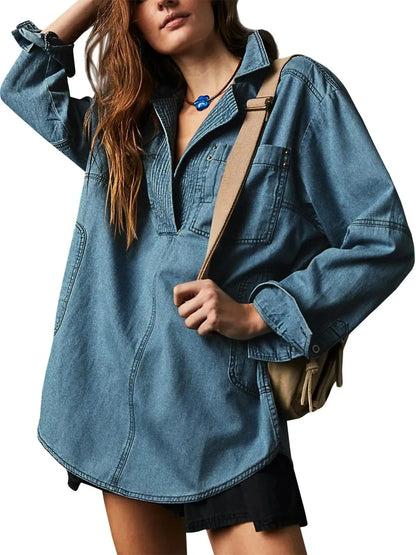 Trendy Women's Slim Fit Denim Shirt - Long Sleeve Lapel Casual Style Meghan