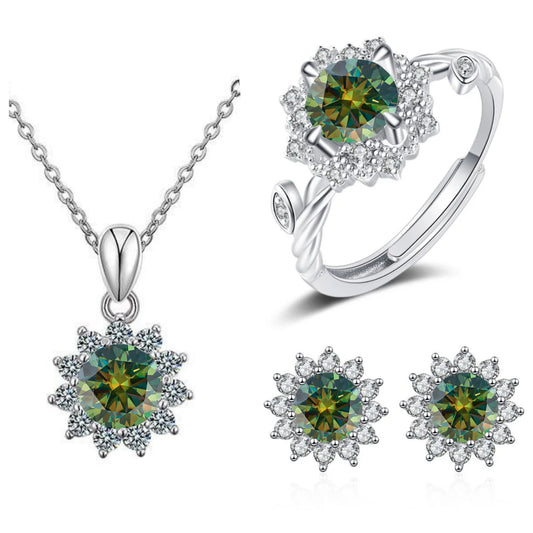 S925 Sterling Silver Stud Earrings & Pendant Set | 1 Carat Moissanite Necklace | Classic Sunflower Design | Perfect Valentine’s Day Gift Serafina