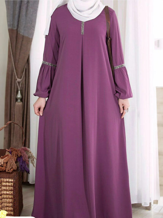 Long-Sleeve Abaya – Middle Eastern Sequin Sun Skirt Dress for Women, Polyester Casual Wear