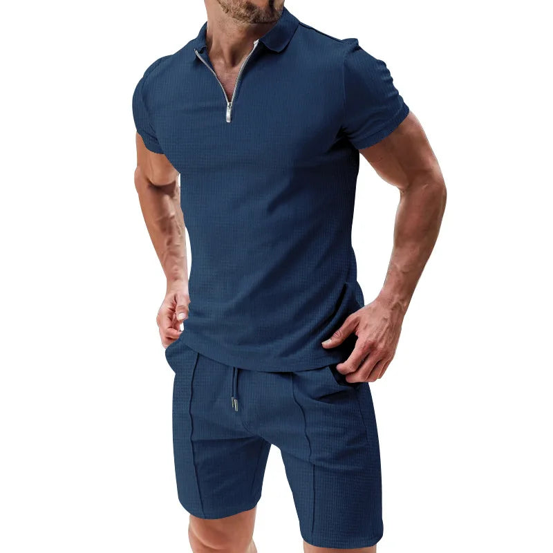 Men's Summer Polo Shirt Set | Solid Color Waffle Short-Sleeve Slim Lapel T-Shirt & Casual Outfit Carlo