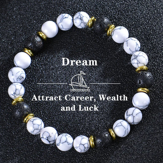 Handmade 8mm White Howlite & Lava Stone Beaded Bracelet | Natural Stone Jewelry for Career, Wealth, Luck & Personal Meaning Lilia