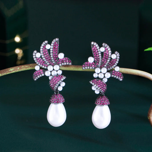 Fuchsia Red Cubic Zirconia Pave Flower & Leaf Long Dangle Drop Pearl Earrings – Glamorous Party & Wedding Jewelry for Women