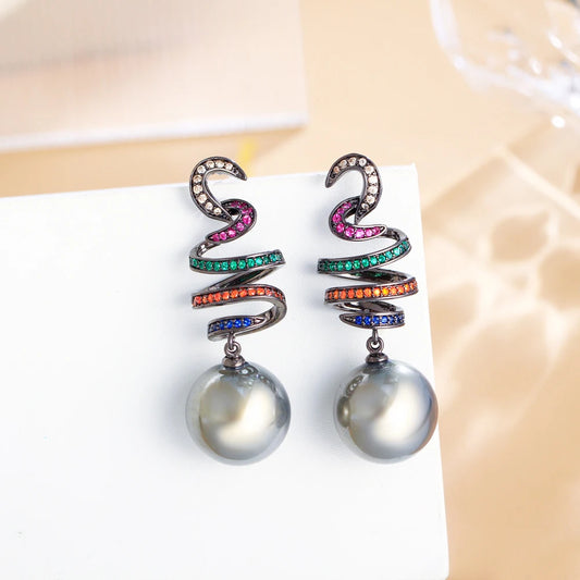 Elegant Multicolor Cubic Zirconia Dangle Earrings for Women – Geometric Design with Simulated Grey Pearls, Perfect for Weddings & Parties Ophelia