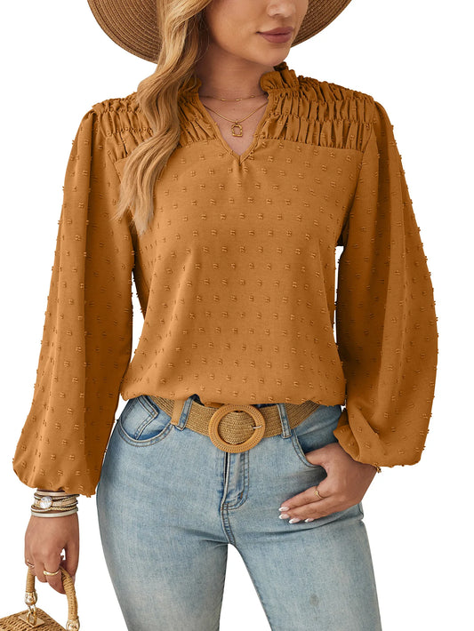 Women's Long Sleeve Chiffon Blouse – Pleated Woven Jacquard Shirt