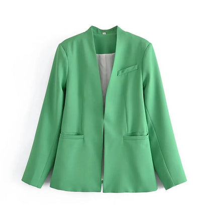 Women's Casual Long Sleeve Suit Jacket - All-Match Lapel-Free Blazer with Shoulder Pads Clemence