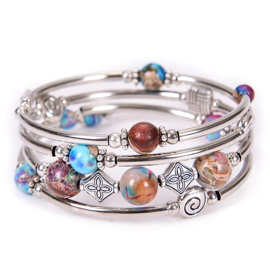 Fashion Charm Natural Stone Beaded Bracelet – Turquoise Crystal Multilayer Spiral Memory Wrap Bangle for Women Helena