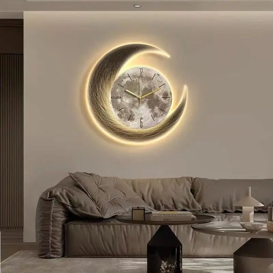 Modern Luxury Wall Clock with Night Light – Moon Design Decorative Clock for Living Room, Dining Room, and Home Decor