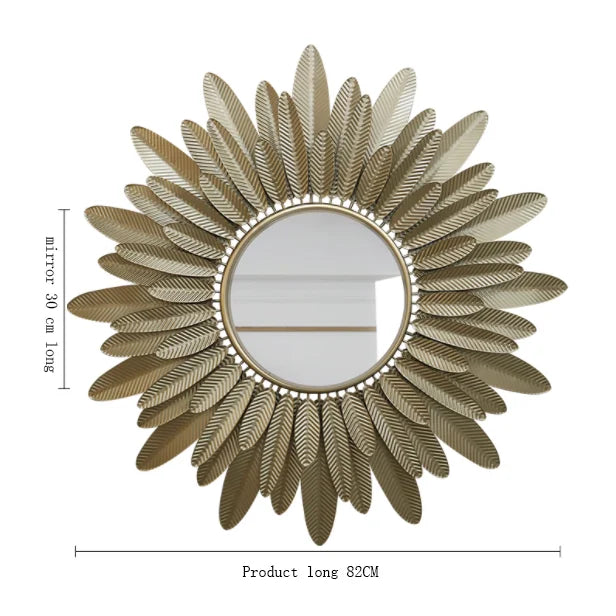 Large Gold Metal Frame Wall Art Mirror – Modern Feather Design Decorative Mirror for Living Room