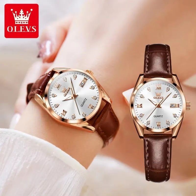 OLEVS 5522 Women's Luxury Wristwatch – Simple Dial, Date Calendar, Leather Strap, Waterproof & Luminous Design Rhoda