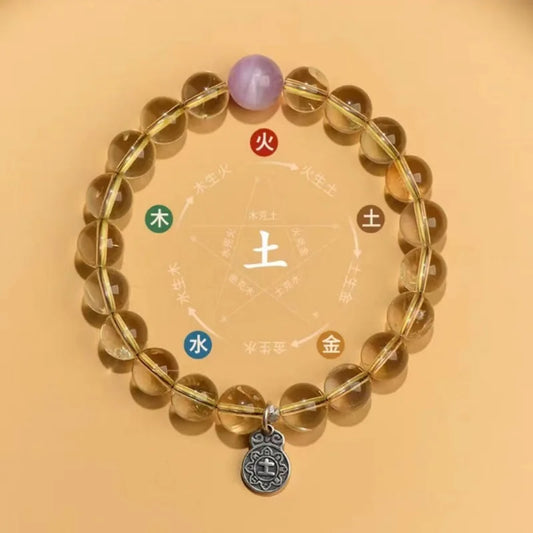 Men and Women's Five-Bracelet Set Golden Wood Water Fire Soil Balance Green Quartz Crystal Bangles