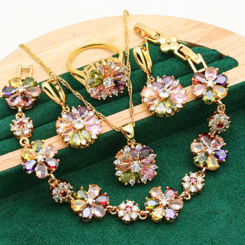 Gold-Plated Silver Wedding Jewelry Set for Women – Multi-Color Zircon Earrings, Bracelet, Pendant Necklace, and Ring Gift Aurelie