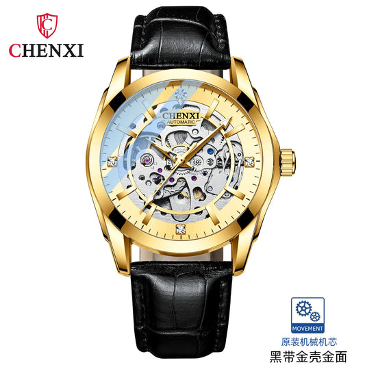 CHENXI 
8821 Men’s Transparent Skeleton Watch – 40mm Automatic Movement, Waterproof Leather Wristwatch