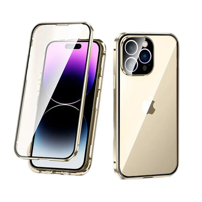 Magnetic 360° Full Metal Frame Phone Case – Double-Sided Tempered Glass HD Cover for iPhone 15, 14, 13 Pro Max
