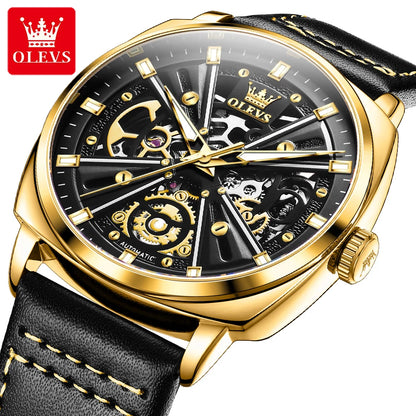 OLEVS 6685 Men's Luxury Skeleton Watch -Automatic Mechanical Sports Watch with Luminous Dial and Genuine Leather Strap
