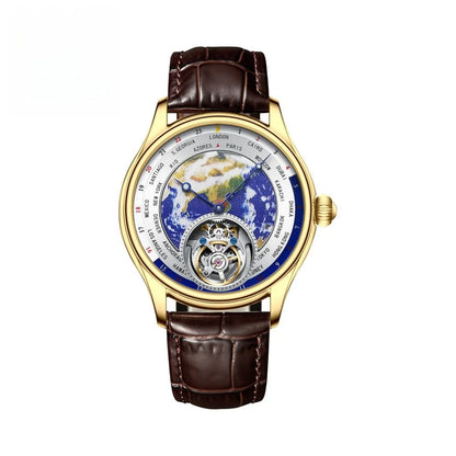 AESOP 7051 Luxury Men's Skeleton Tourbillon Watch – Earth Dial, Automatic Mechanical, Sapphire Crystal, Stainless Steel Case, Leather Strap