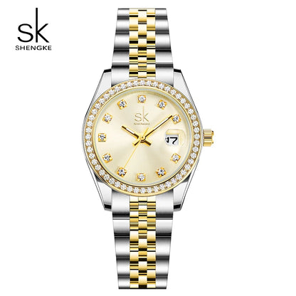 Shengke Elegant Women's Crystal-Accented Quartz Watch with Solid Alloy Steel Band and Calendar – Perfect Dress Watch for Women
