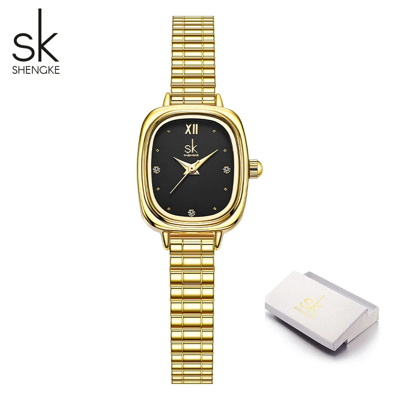 Shengke Women's Luxury Pink Pearl Dial Watch – Elegant Square Case Quartz Wristwatch, Minimalist Ladies Gift for Women