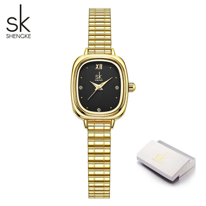 Shengke Women's Luxury Pink Pearl Dial Watch – Elegant Square Case Quartz Wristwatch, Minimalist Ladies Gift for Women