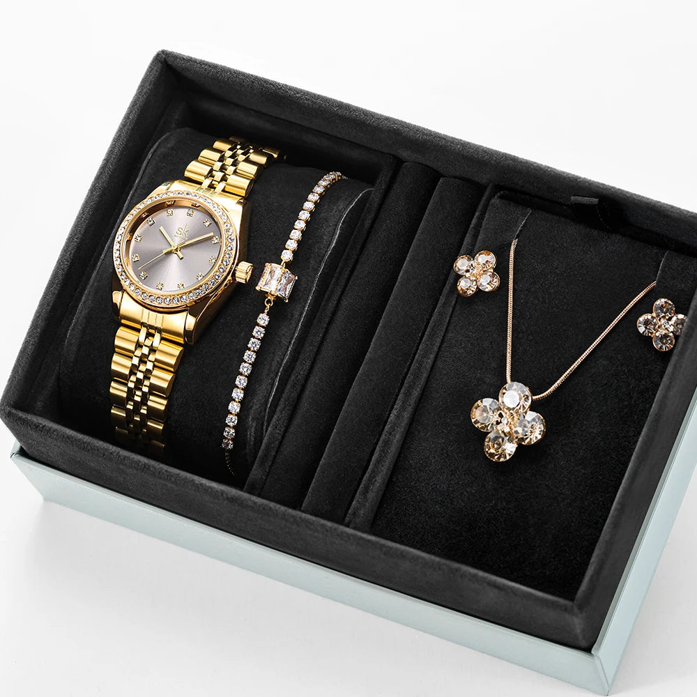 SHENGKE K0156L Women’s Luxury Watch Gift Box Set – Gold Ladies Wristwatch with Necklace, Earrings, and Bracelet | Perfect Gift for Women Carla Mae