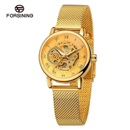 Forsining Women’s Skeleton Watch | Stainless Steel Transparent Mechanical Wristwatch – Waterproof Luxury Watch for Women