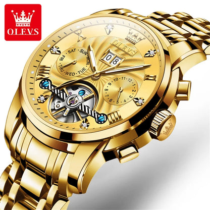 OLEVS 9910 Men's Luxury Tourbillon Watch - Automatic Mechanical, Stainless Steel Strap, Waterproof, Luminous Dial, Auto Date Display, Business Style