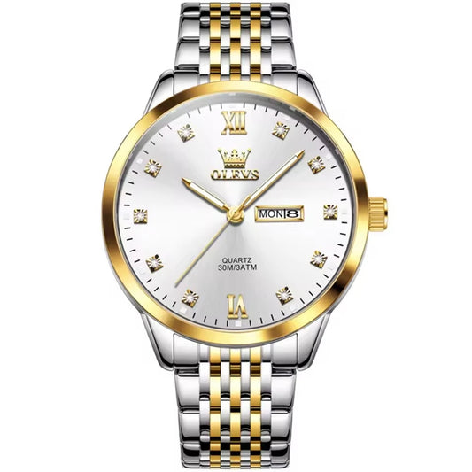 OLEVS 2943 Fashion Quartz Watch – Stainless Steel Band, Round Dial, Week Display & Calendar