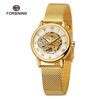 Forsining Women’s Skeleton Watch | Stainless Steel Transparent Mechanical Wristwatch – Waterproof Luxury Watch for Women