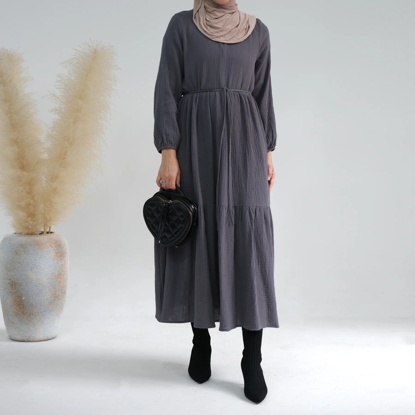 Women’s Cotton Long-Sleeve Dress – Casual Abaya Muslim Clothing
