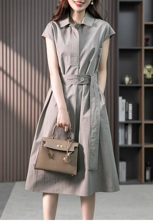 Summer Women's Solid Color Short Sleeve Shirt Dress – Waist Tie, Loose Fit, Slim and Stylish Design Zélie