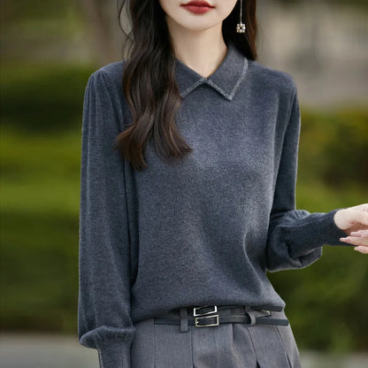 Women’s Autumn Lantern Sleeve Knitted Sweater – Casual Versatile Pullover with Fashion Collar