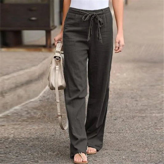 Women Linen Cotton Pants Wide Leg Casual Summer Solid Color